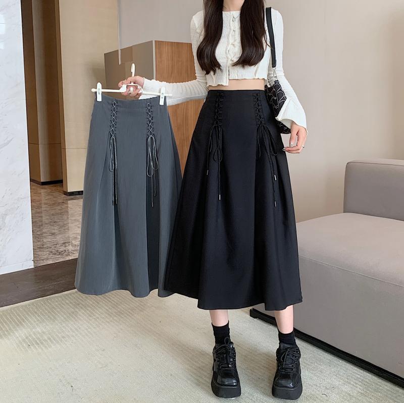 中长款伞裙遮胯a字绑带半身裙