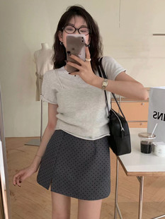 大码 a字百搭显瘦小个子开叉包臀短裙子 高腰灰色波点半身裙女夏季