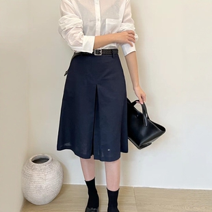 韩系藏青色棉麻半身裙女春夏超洋气开衩显瘦遮胯中裙休闲a字伞裙