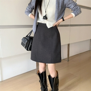 深灰色加厚羊毛呢直筒中裙女秋冬高腰显瘦小个子A字裙百搭半身裙