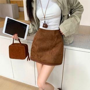 美式 高腰显瘦a字包臀短裙一步裙 复古棕色麂皮绒半身裙女秋冬大码