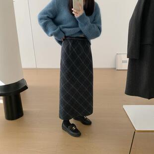 复古撞色格纹羊毛呢半身裙秋冬梨形身材直筒裙后开衩中长款a字裙