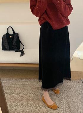 梨形身材黑色金丝绒半身裙女蕾丝拼接秋冬大码高级感后开衩中长裙