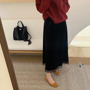 梨形身材黑色金丝绒半身裙女蕾丝拼接秋冬大码 高级感后开衩中长裙