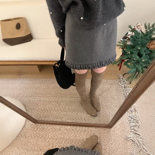 梨形身材木耳边毛呢短裙女秋冬韩系显瘦高腰A字包臂裙灰色半身裙