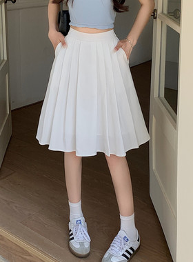 白色高腰百褶半身裙女2025春夏大码设计感学院风中长裙伞裙A字裙