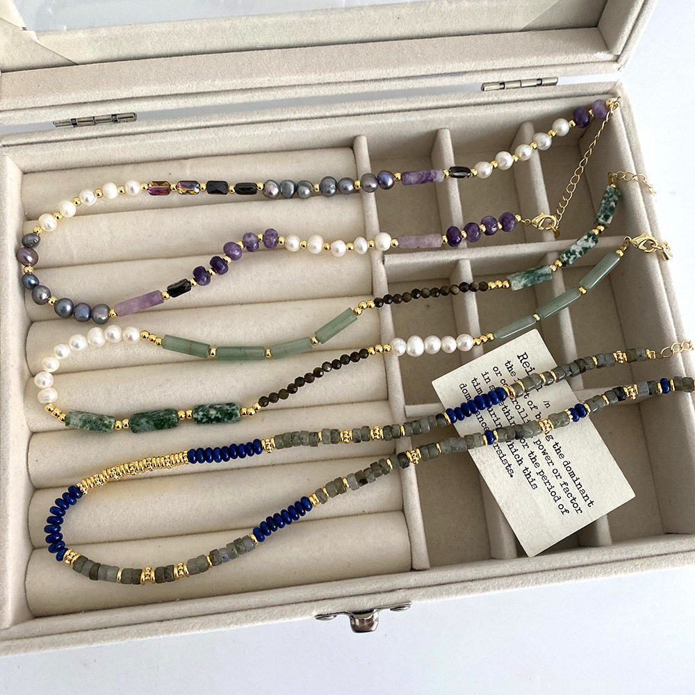 韩系青金石爆款民族风淡水珍珠项链天然石毛衣链高级感复古锁骨链