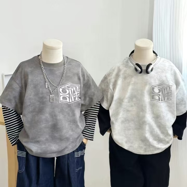 男童扎染纯棉假两件长袖T恤