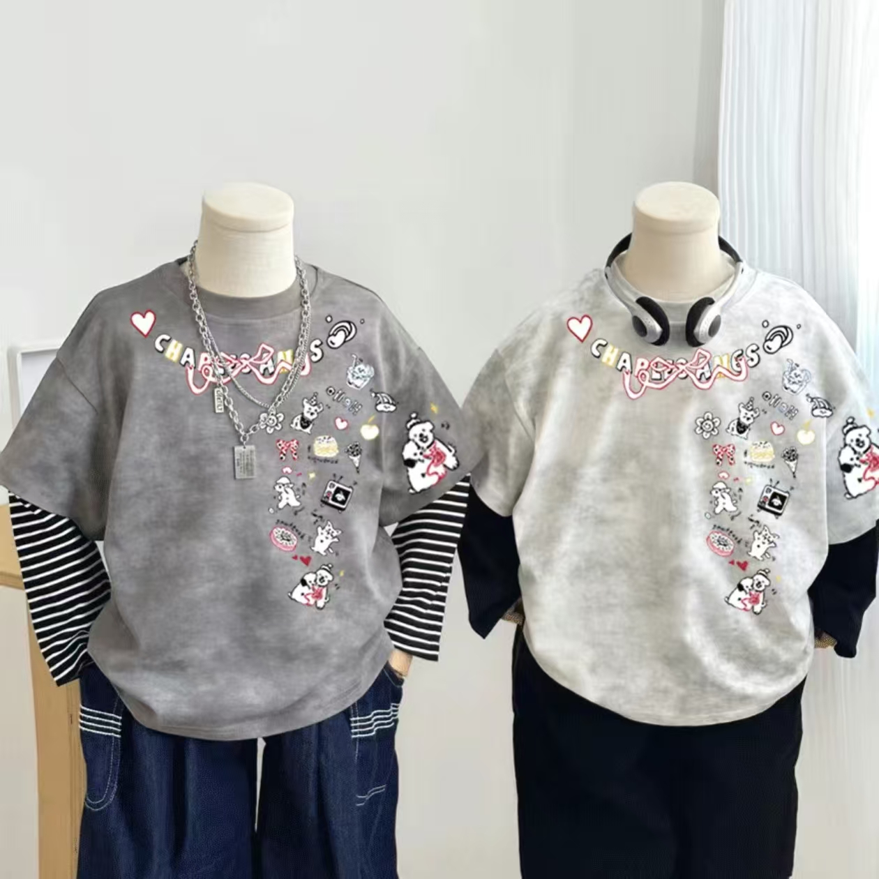 男女童纯棉扎染假两件长袖T恤