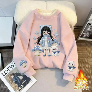 加绒加厚款秋冬季韩版套头保暖卫衣女童高领宽松学生卡通风印花