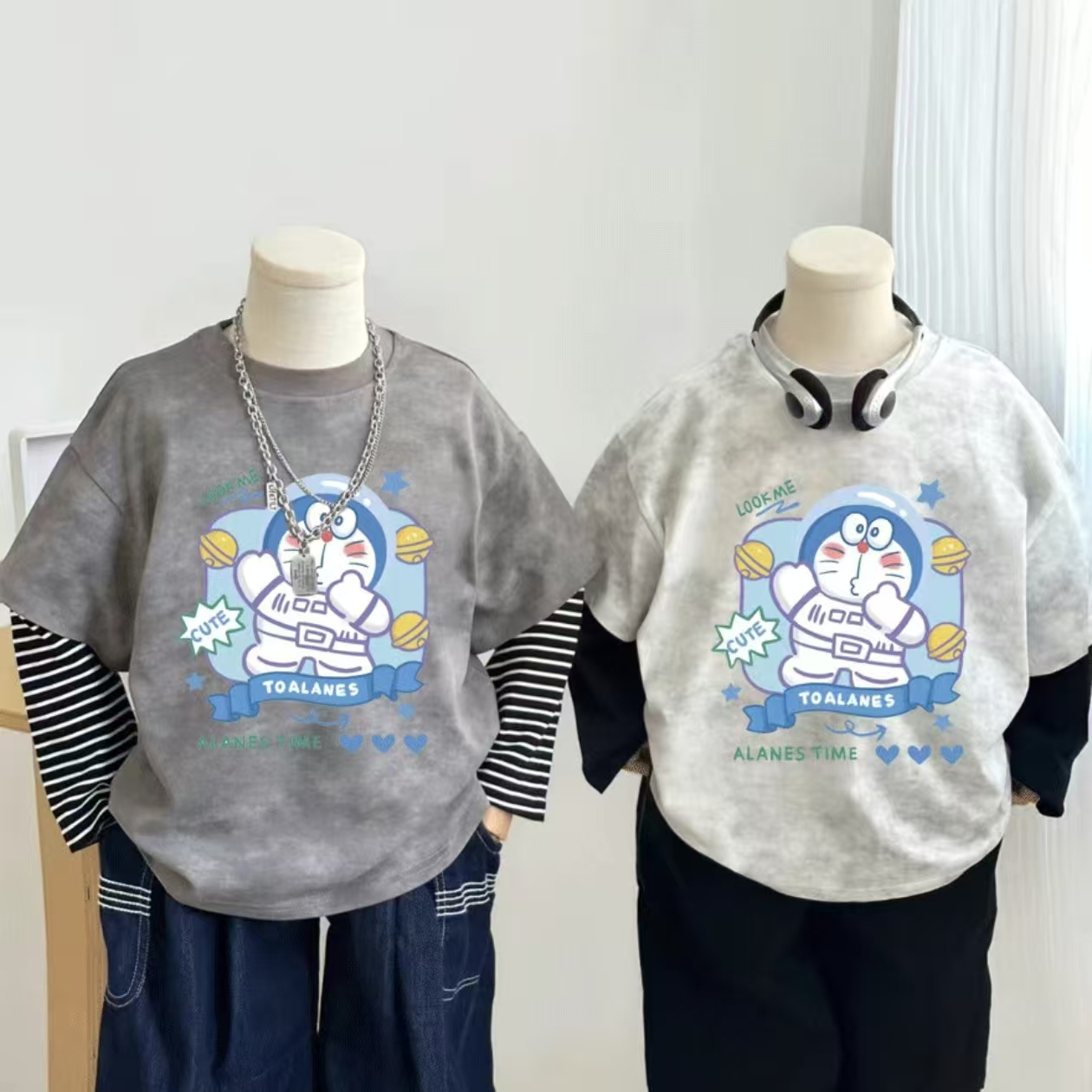 纯棉长袖哆啦A梦假两件T恤