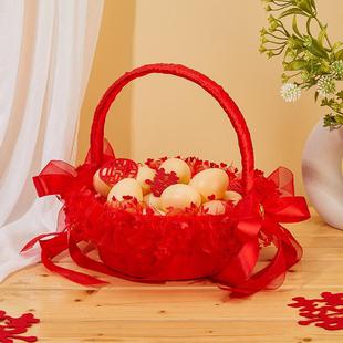 送月子礼手提篮中式结婚花篮花童撒花装戒指盒篮居家收纳藤编布艺