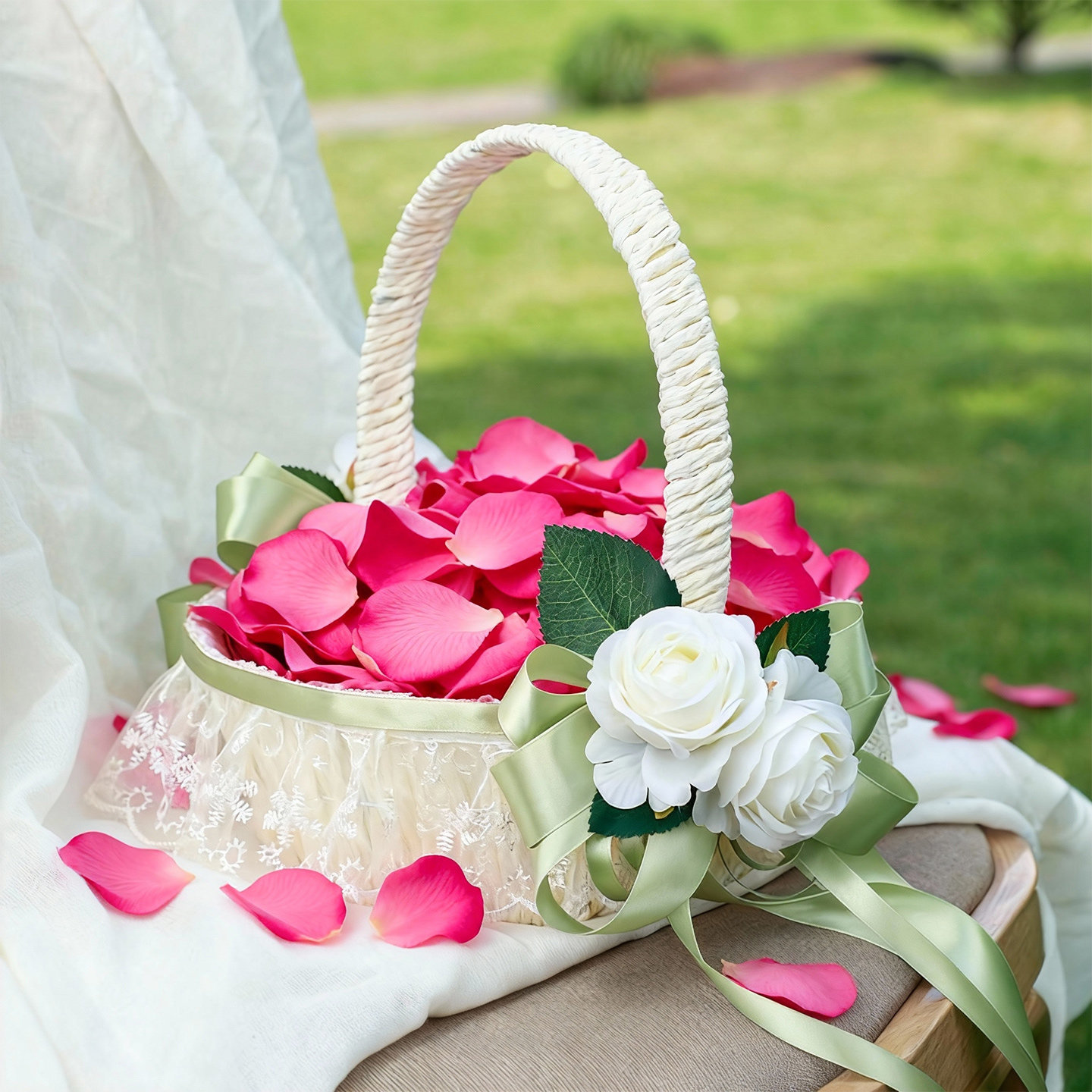 田园风藤编蕾丝花篮结婚庆花童撒花瓣手提篮子送月子礼蕾丝花篮