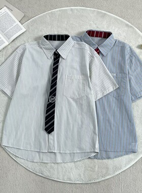 白色短袖衬衫领带男寸衣黑裤子青少年宽松韩版学生DK制服衬衣班服