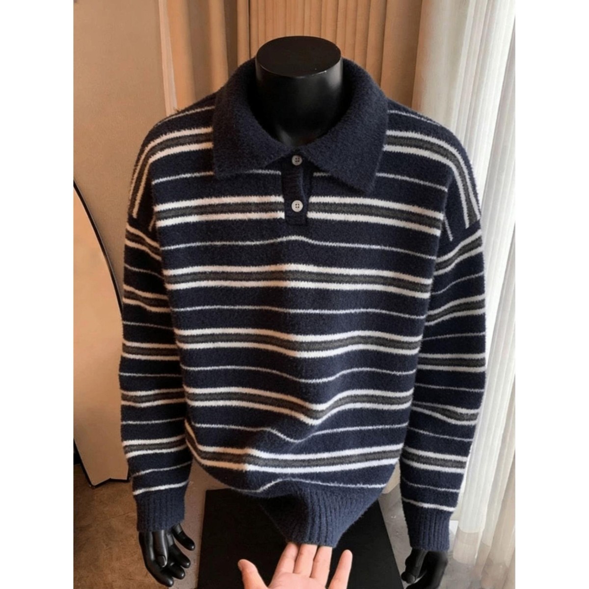 老钱风仿貂毛条纹polo领毛衣男女秋冬高级感痞帅慵懒风针织衫外套,男装,针织衫/毛衣,淘宝优惠券,粉丝福利购,淘宝优惠卷