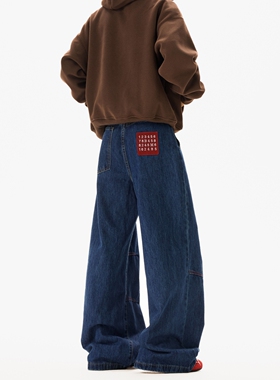 批40N1307自带挂件数字红色口袋刺绣丹宁深蓝牛仔裤到3XL成分80棉