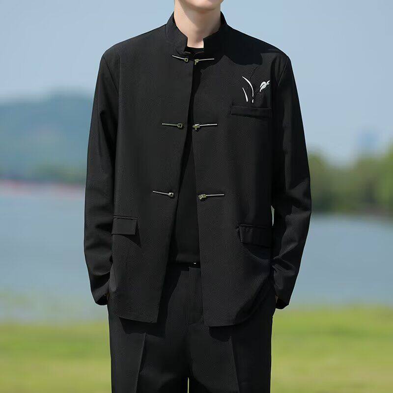 劲威界新中式立领西服套装男刺绣盘扣三件套高级感中山装刺绣外套
