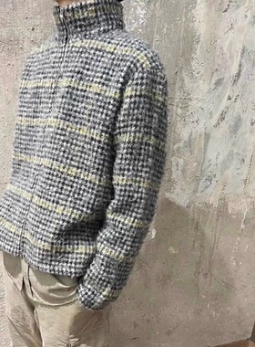 our legacy风格高领定制羊毛混纺格子复古拉链开衫外套针织男女