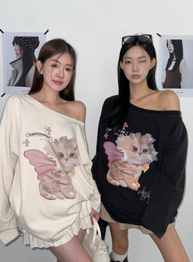 ME KAKAMEE秋甜酷天使猫咪喷画水洗大版斜肩长袖T恤女2025新款