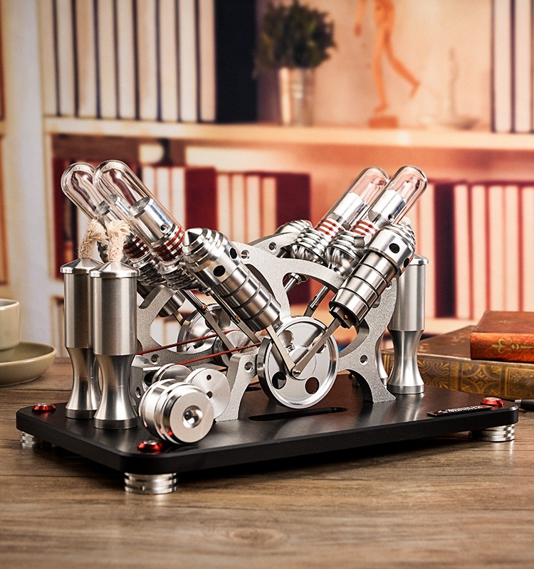 可发动V4斯特林发动机 电机组4缸斯特林模型微型发电机四缸斯特林