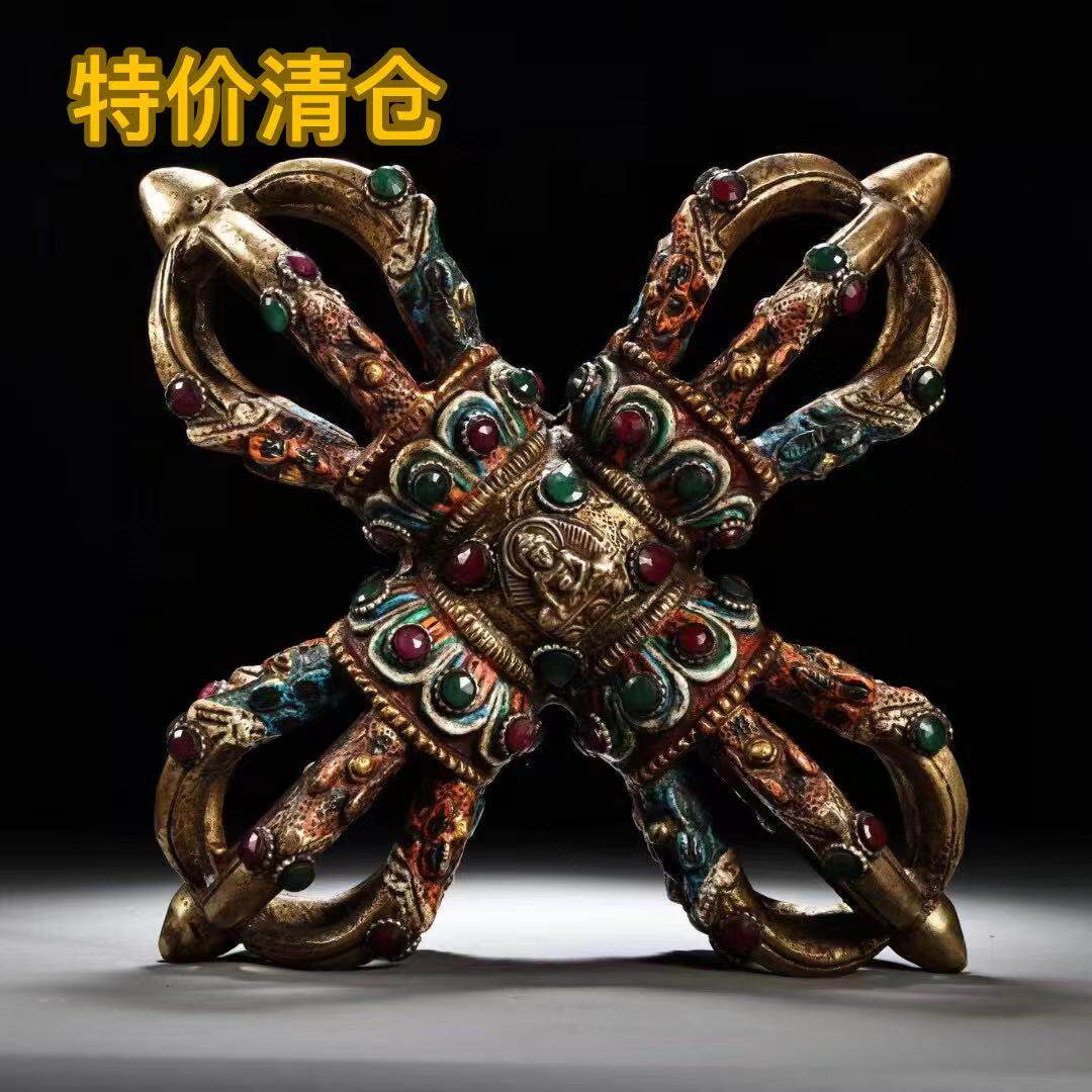 尼泊尔藏式黄铜五股金刚铃杵十字多杰降莫杵法器钺刀马头金刚铜杵