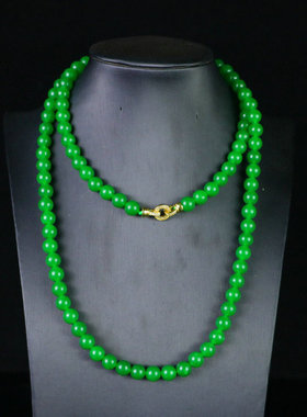 精品老翡翠玉冰种满绿帝王祖母绿圆珠项链女友妈妈送时尚礼物佳品