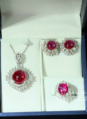 精品红宝石项链耳环三件套组合套装女款复古时尚百搭首饰品