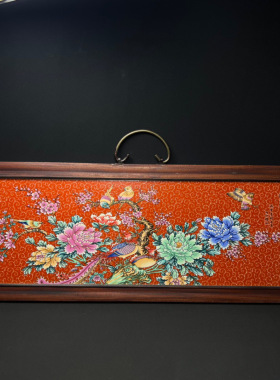 精品景德镇粉彩花鸟瓷板挂画中式实木框老瓷板装饰画酒店客厅壁画