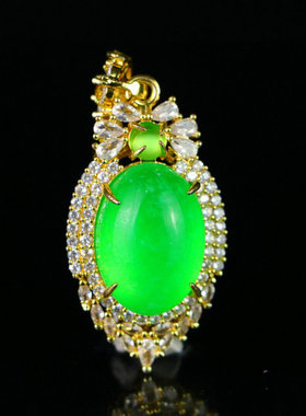 正品高冰种帝王绿镶嵌蛋面玉吊坠辣绿满绿老翡翠项链玉佩百搭配饰