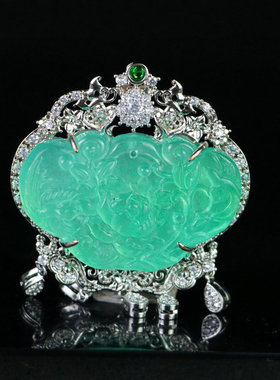 缅甸冰种老翡翠牡丹花卉项链吊坠冰透翡翠色银镶嵌翠玉男女款玉佩