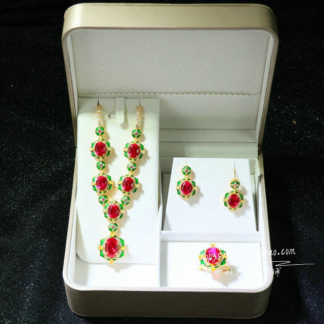 精品老红宝石项链耳环三件套组合套装女款复古时尚百搭首饰品