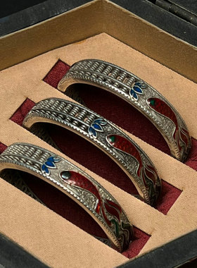 古玩收藏复古银老银烤蓝景泰蓝手镯女苗银藏银民族风手环个性藏品