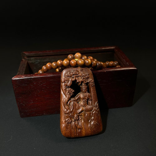 古玩收藏老沉香木盒装项链套装高油自在观音佛珠念珠男女本命颈饰