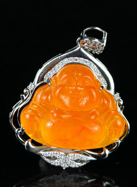 缅甸高冰种黄翡翠佛公弥勒佛吊坠冰种黄翡笑佛项链玉坠玉佩佛挂件