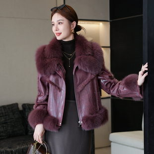 海宁皮草女短款外套獭兔毛皮毛一体时尚韩版显瘦狐狸毛领2025新款