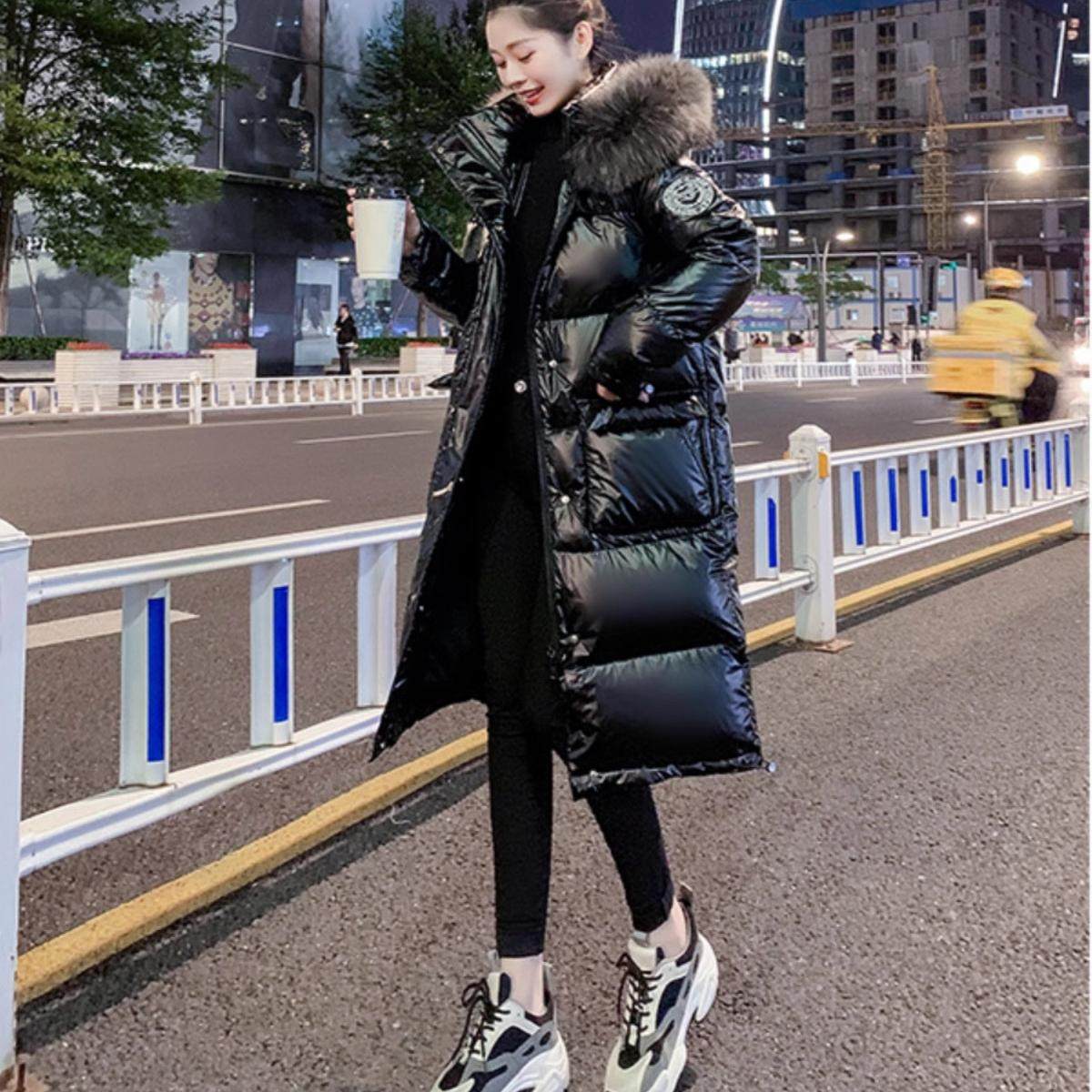 冬季高端黑色亮面90白鸭绒羽绒服女冬中长款大毛领过膝加厚外套潮