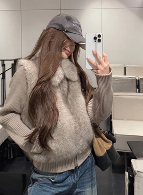 皮毛一体环保狐狸毛仿皮草双色定染复古翻领拼接假两件毛毛外套女