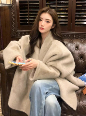 仿水貂绒气质毛毛外套女皮毛一体2025冬季新款V领环保皮草大衣潮