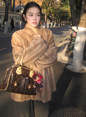 中古贵气仿帕斯条水貂绒抽刀纹环保皮草中长款毛毛外套大衣女冬季