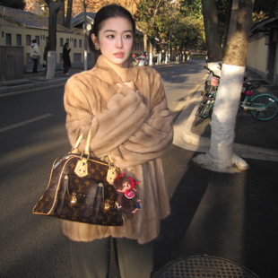 中古贵气仿帕斯条水貂绒抽刀纹环保皮草中长款毛毛外套大衣女冬季