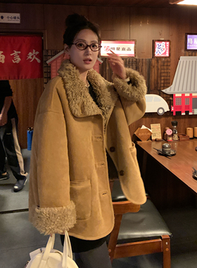 两穿皮毛一体羊羔毛机车服2025秋冬新款宽松加厚麂皮绒毛毛外套女