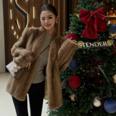 高级感帕斯条仿水貂绒大衣抽刀纹环保皮草v领宽松毛毛外套女冬季