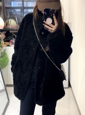 2025新款慵懒风立领羊羔毛皮毛一体皮草黑色加厚秋冬外套女中长款