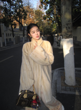 中古轻奢仿水貂毛毛冬季中长款环保皮草外套女青果领皮毛一体大衣