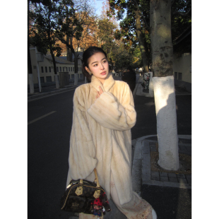 中古轻奢仿水貂毛毛冬季 环保皮草外套女青果领皮毛一体大衣 中长款