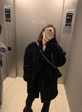 复古黑色慵懒风环保皮草女冬季小个子大衣中长款高级感羊羔毛外套