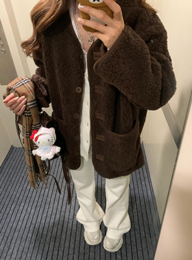 韩系皮毛一体棕色羊羔毛中长款仿皮草外套女冬季遮肉显瘦毛毛大衣