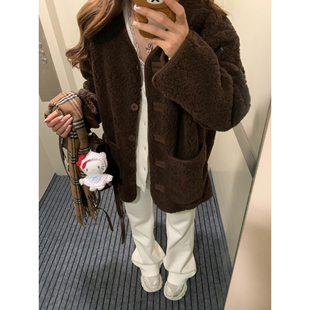 韩系皮毛一体棕色羊羔毛中长款仿皮草外套女冬季遮肉显瘦毛毛大衣