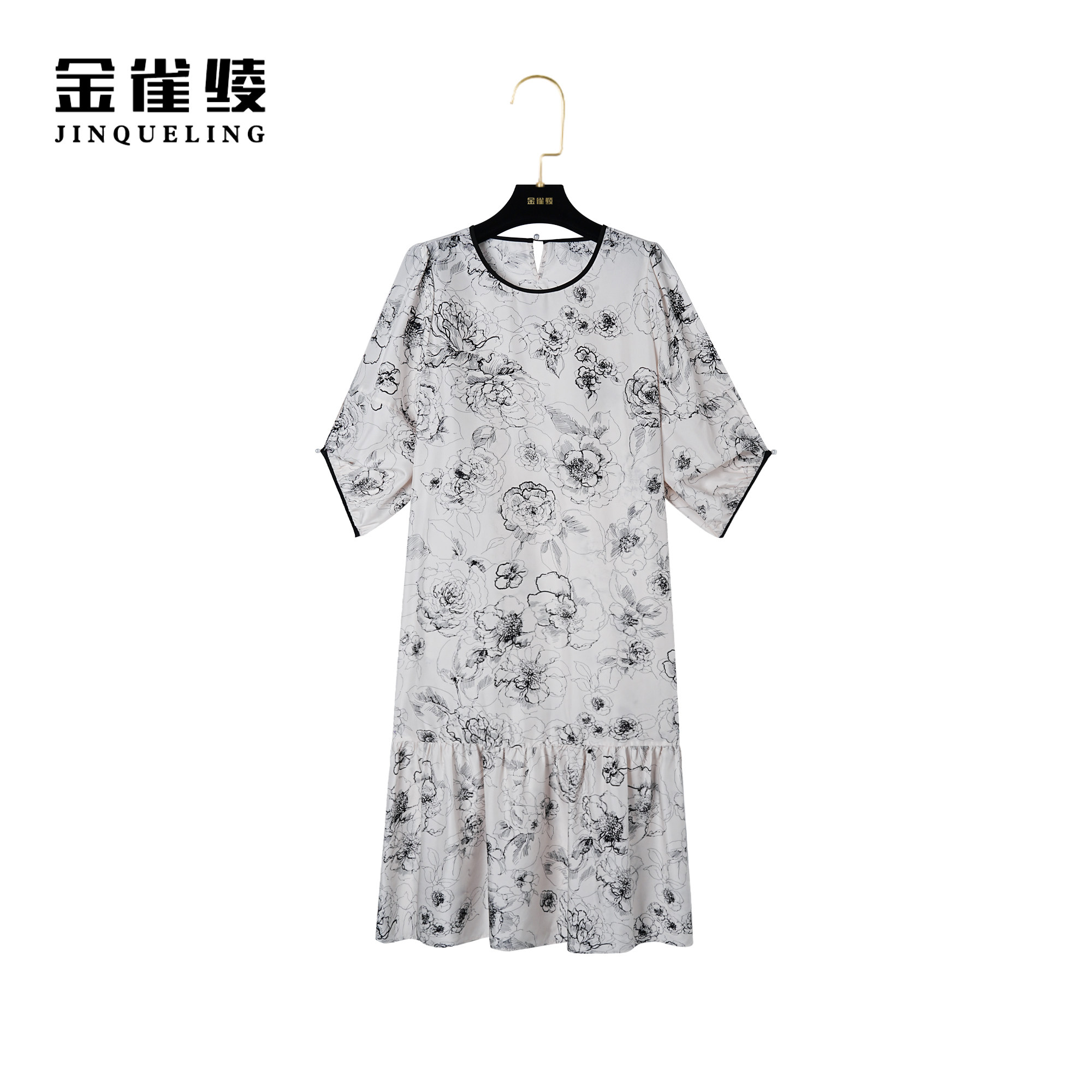 金雀绫【枫丹白露】桑蚕丝夏季新款圆领轻奢印花显瘦连衣裙B23053