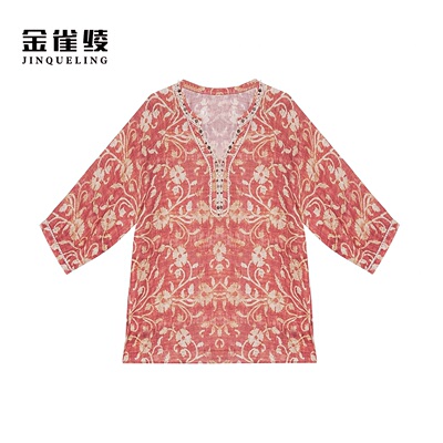 金雀绫【杨妃醉】法式设计师感印花宽松大码女装衬衫SZA1S168